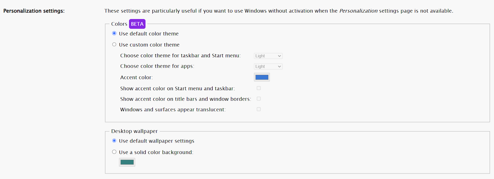 Personalization Settings