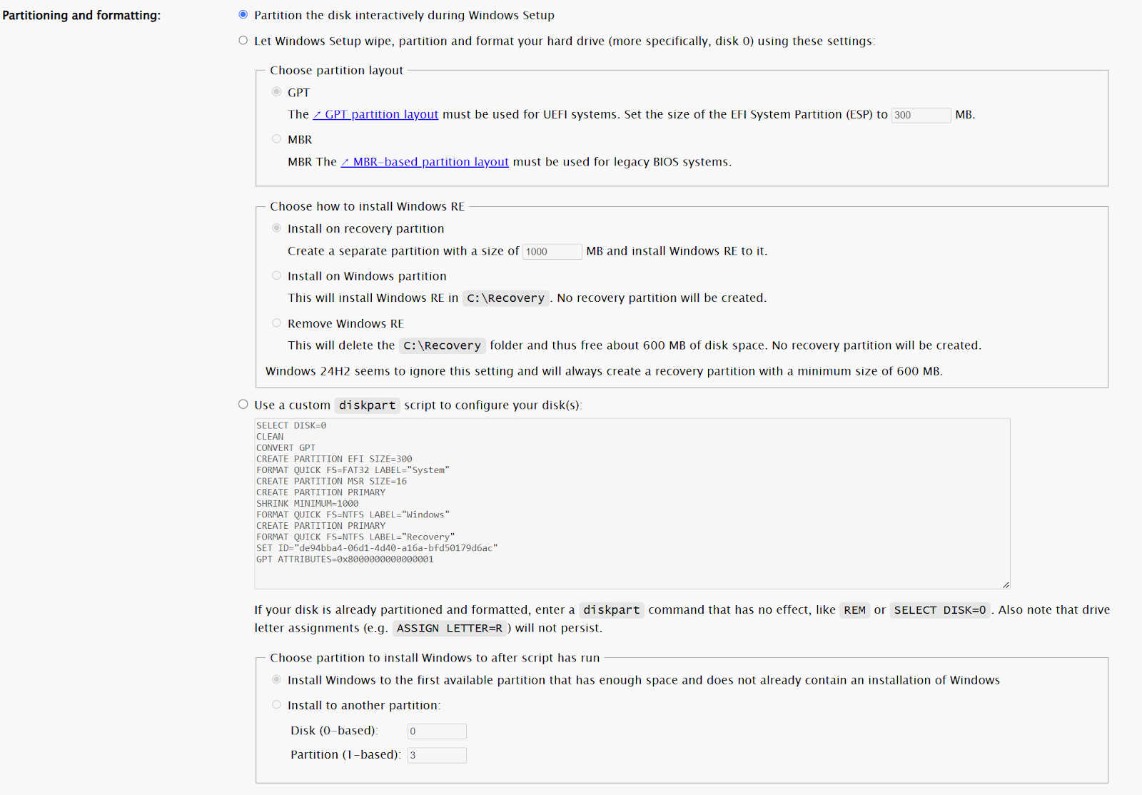 Partitioning Settings